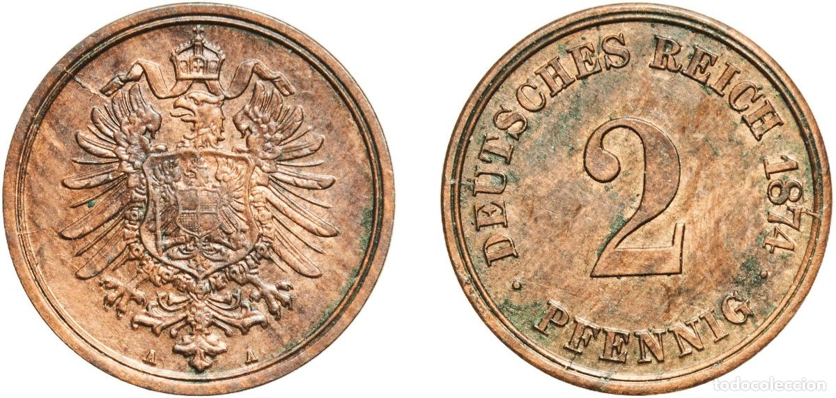 Monedas antiguas de Europa: Germany German states 1874 A 2 Pfennig - Wilhelm I (type 1 - large shield) Copper (Cu 950, Sn 40, Z