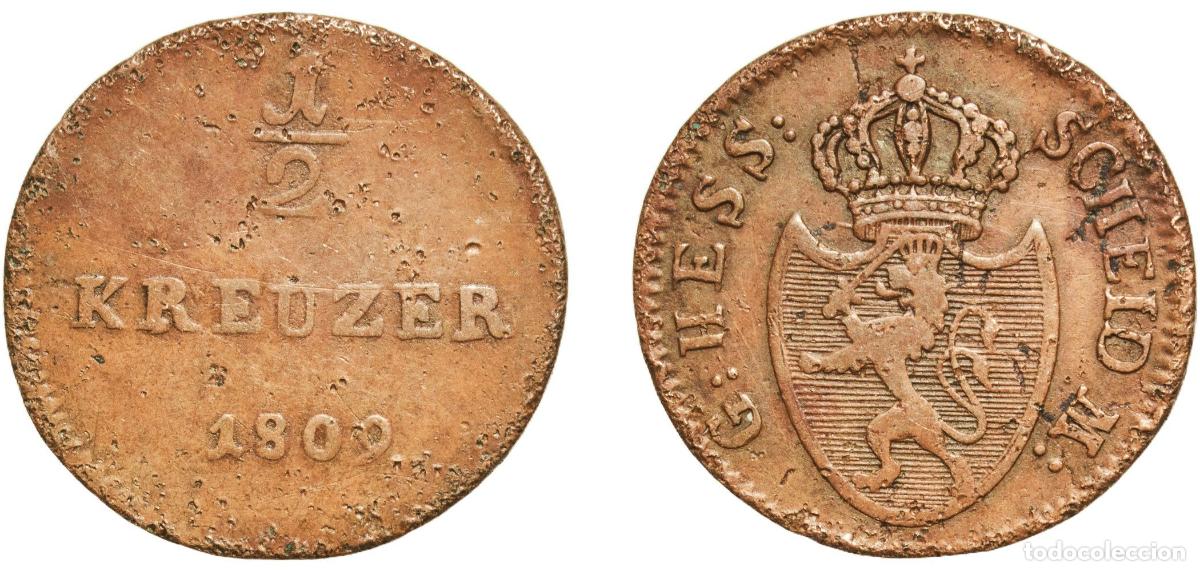 Monedas antiguas de Europa: Germany Grand Duchy of Hesse-Darmstadt German states 1809 &frac12; Kreuzer - Louis I Copper 2.59g VF AKS