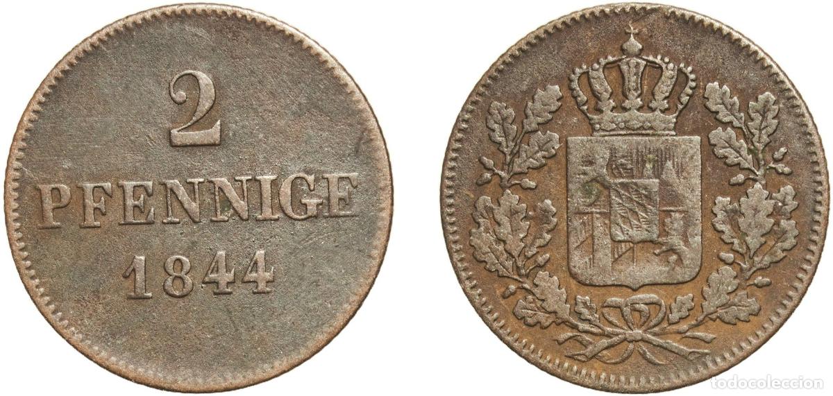Monedas antiguas de Europa: Germany Kingdom of Bavaria German states 1844 2 Pfennige - Ludwig I Copper Munich Mint 2.14g VF AK