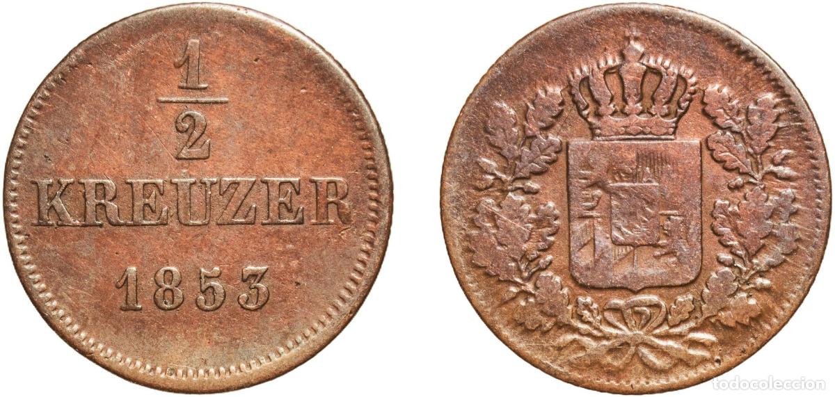 Monedas antiguas de Europa: Germany Kingdom of Bavaria German states 1853 &frac12; Kreuzer - Maximilian II Copper Munich Mint 2.36g XF