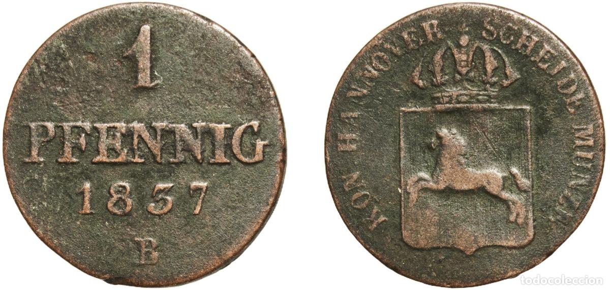 Monedas antiguas de Europa: Germany Kingdom of Hannover German states 1837 B 1 Pfennig - William IV Copper 2.26g VF AKS 84 Jae