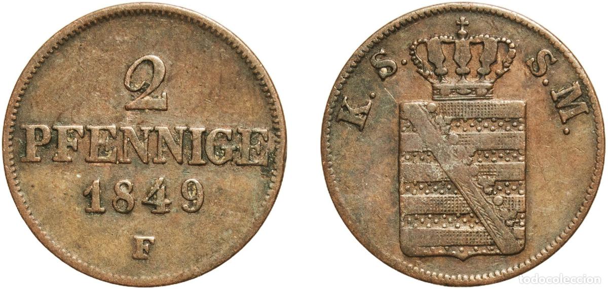 Monedas antiguas de Europa: Germany Kingdom of Saxony German states 1849 2 Pfennige - Frederick August II Copper Dresden Mint (