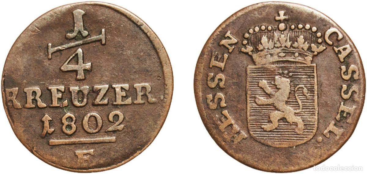Monedas antiguas de Europa: Germany Upper Hesse, Province of German states 1802 &frac14; Kreuzer - William IX Copper 1.34g VF KM 550