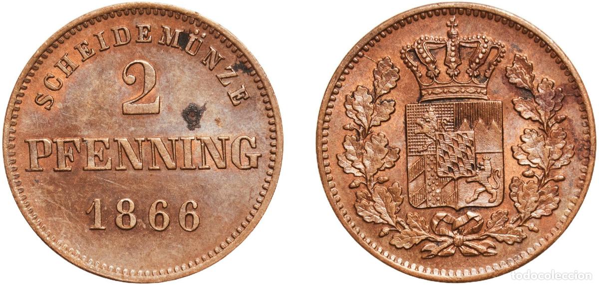 Monedas antiguas de Europa: Germany Kingdom of Bavaria German states 1866 2 Pfenning - Maximilian II, Ludwig II Copper Munich M