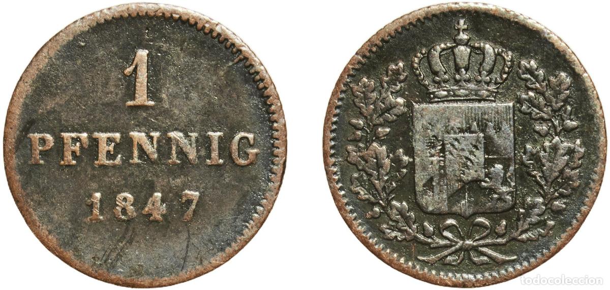 Monedas antiguas de Europa: Germany Kingdom of Bavaria German states 1847 1 Pfennig - Ludwig I / Maximillian II Copper Munich M