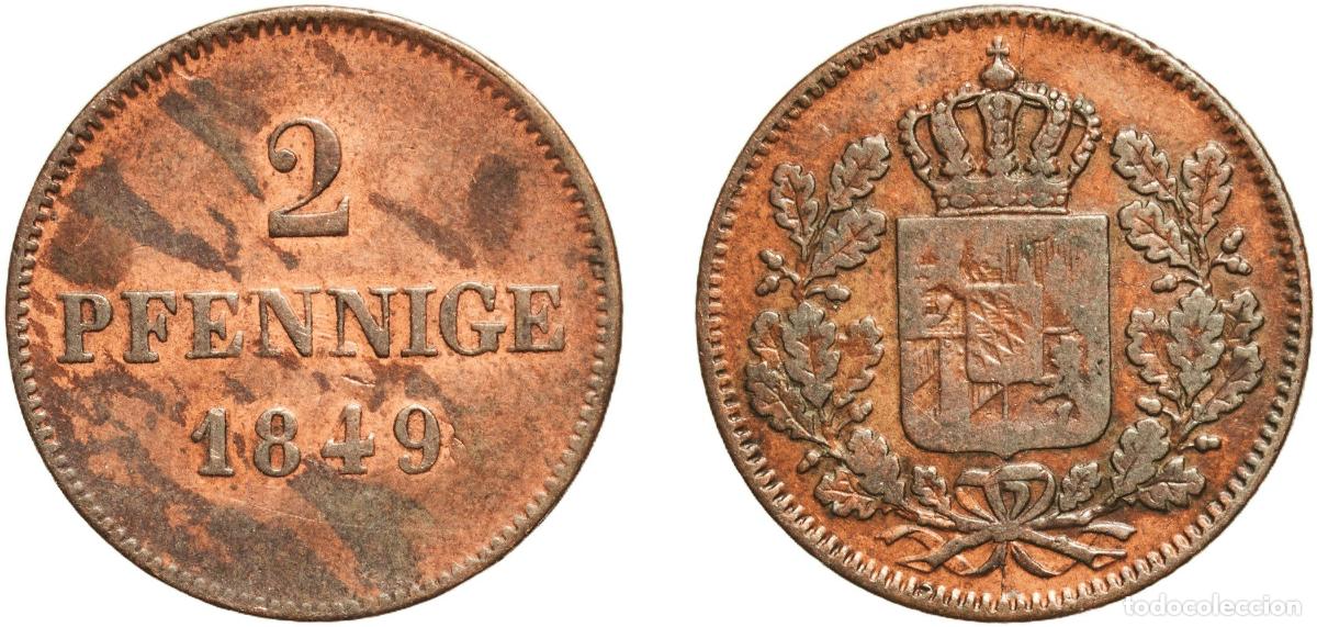 Monedas antiguas de Europa: Germany Kingdom of Bavaria German states 1849 2 Pfennige - Ludwig I Copper Munich Mint 2.35g VF AK