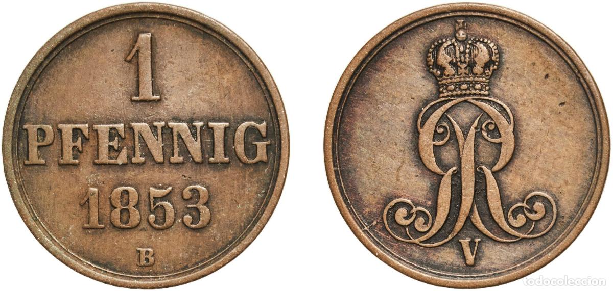 Monedas antiguas de Europa: Germany Kingdom of Hannover German states 1853 1 Pfennig - George V Copper Hanover Mint 2.43g XF A