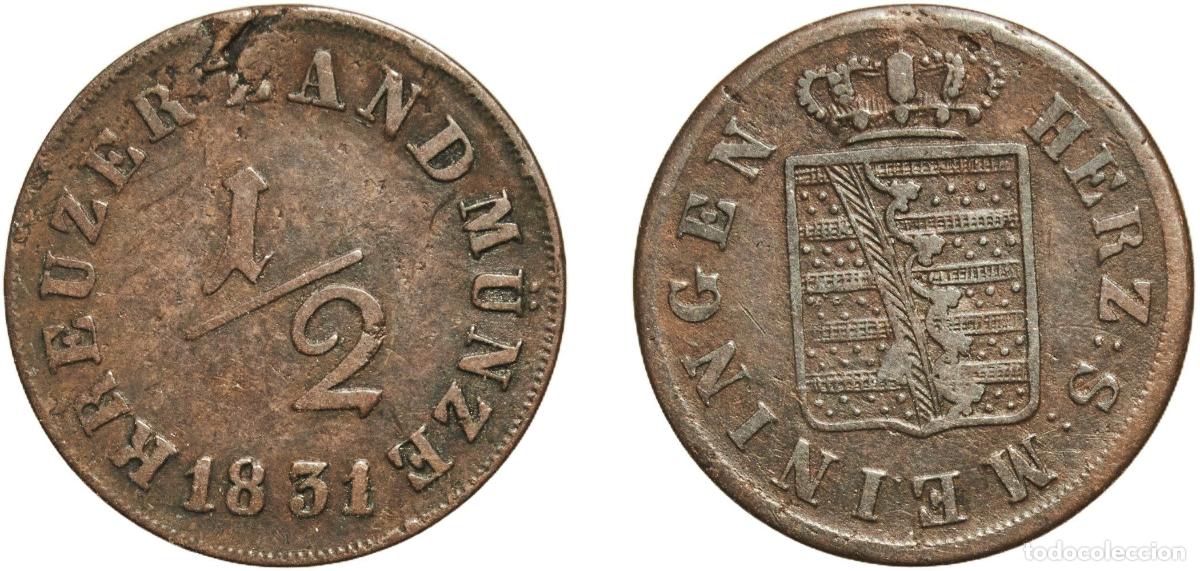 Monedas antiguas de Europa: Germany Duchy of Saxe-Meiningen German states 1831 L &frac12; Kreuzer - Bernhard II Copper (341000) 2.61g