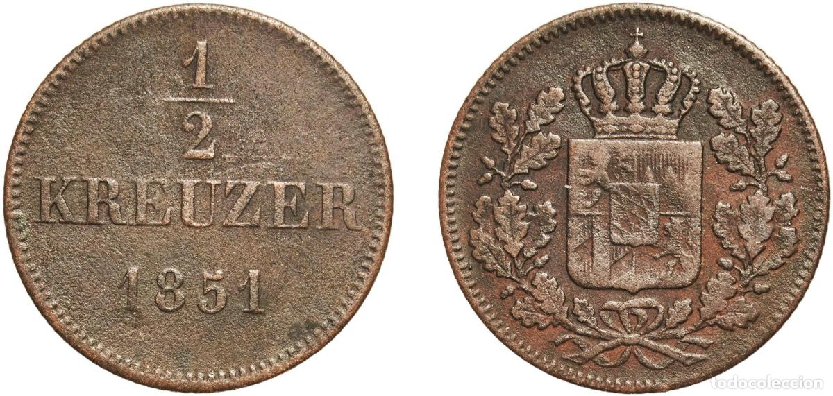 Monedas antiguas de Europa: Germany Kingdom of Bavaria German states 1851 &frac12; Kreuzer - Maximilian II Copper Munich Mint 2.33g VF