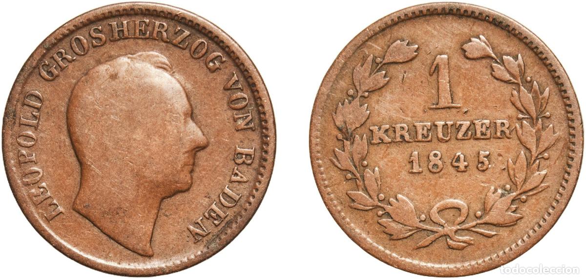 Monedas antiguas de Europa: Germany Grand Duchy of Baden German states 1845 1 Kreuzer - Leopold I Copper Staatliche M&uuml;nze Baden