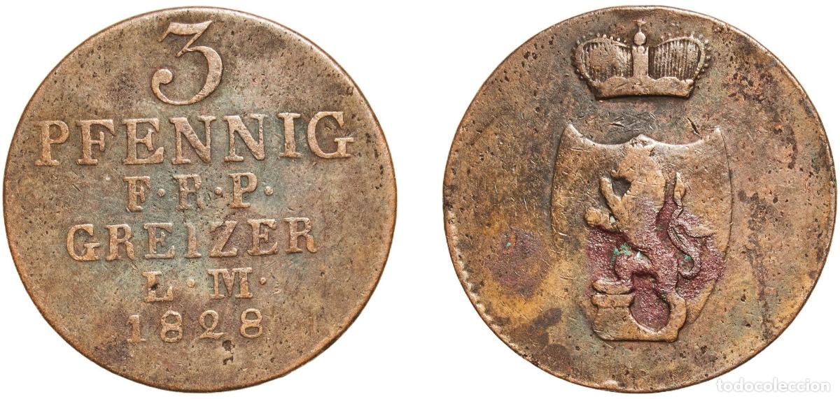 Monedas antiguas de Europa: Germany Principality of Reuss-Greiz German states 1828 3 Pfennig - Henry XIX Copper Saalfeld Mint 5