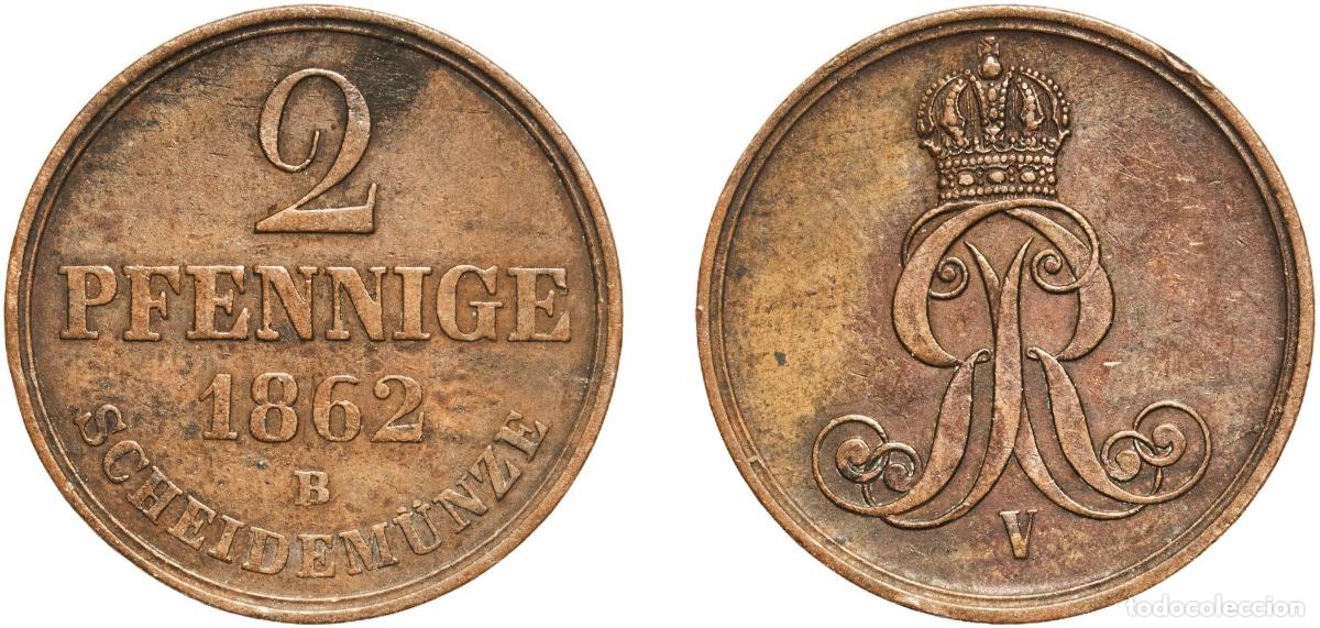 Monedas antiguas de Europa: Germany Kingdom of Hannover German states 1862 2 Pfennige - George V Copper Hanover Mint 4g XF AKS