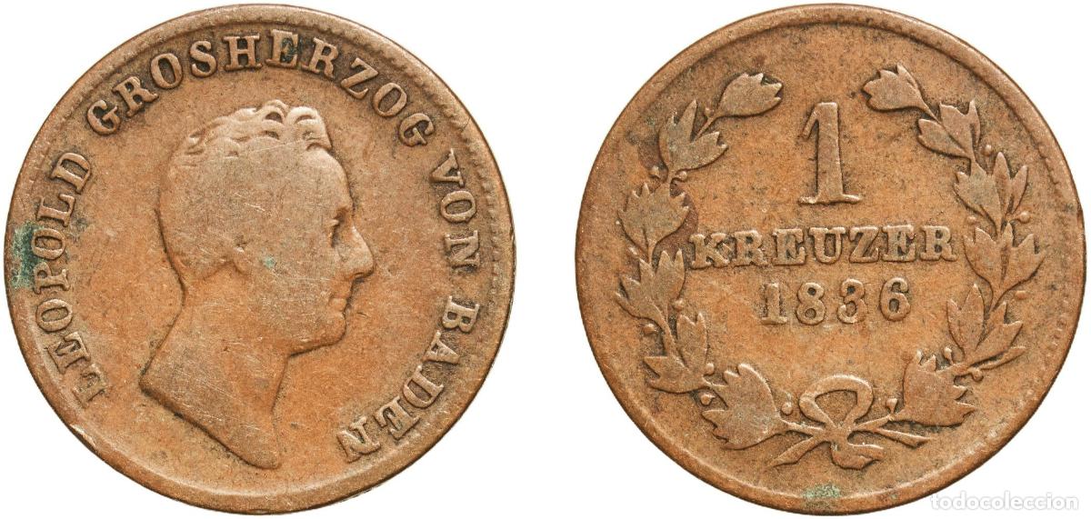 Monedas antiguas de Europa: Germany Grand Duchy of Baden German states 1836 1 Kreuzer - Leopold I Copper Staatliche M&uuml;nze Baden