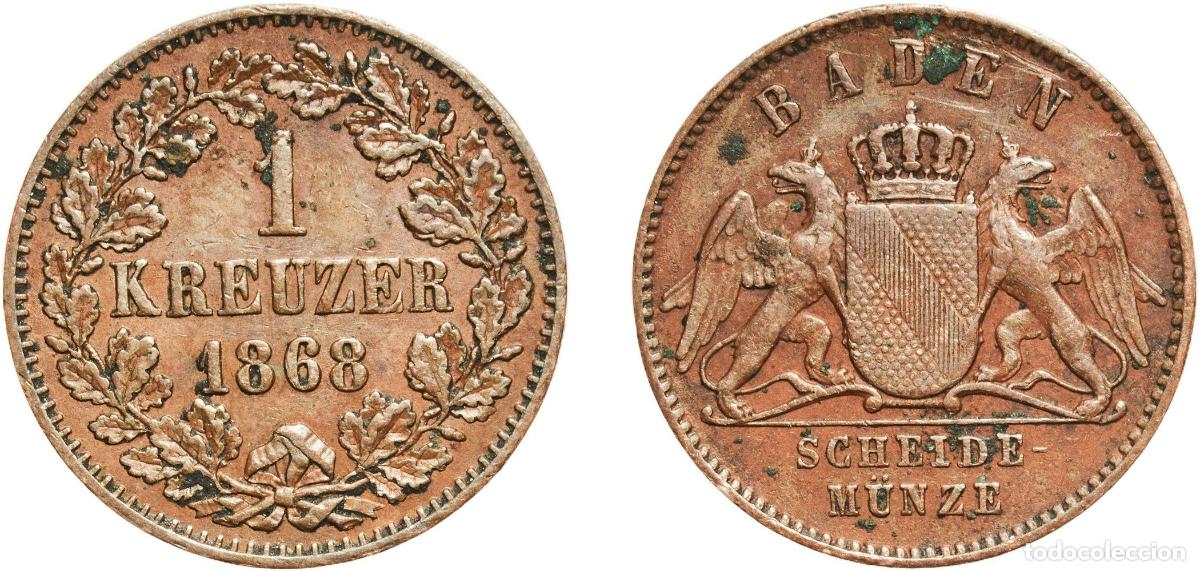 Monedas antiguas de Europa: Germany Grand Duchy of Baden German states 1868 1 Kreuzer - Friedrich I Copper Staatliche M&uuml;nze Bad
