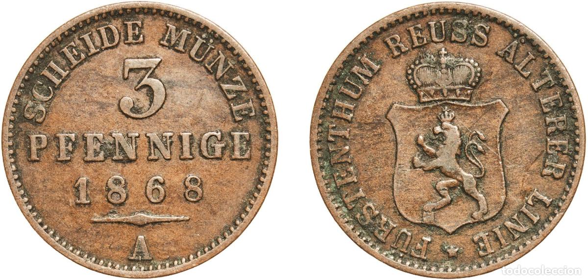 Monedas antiguas de Europa: Germany Principality of Reuss-Greiz German states 1868 A 3 Pfennige - Henry XXII Copper Berlin Mint