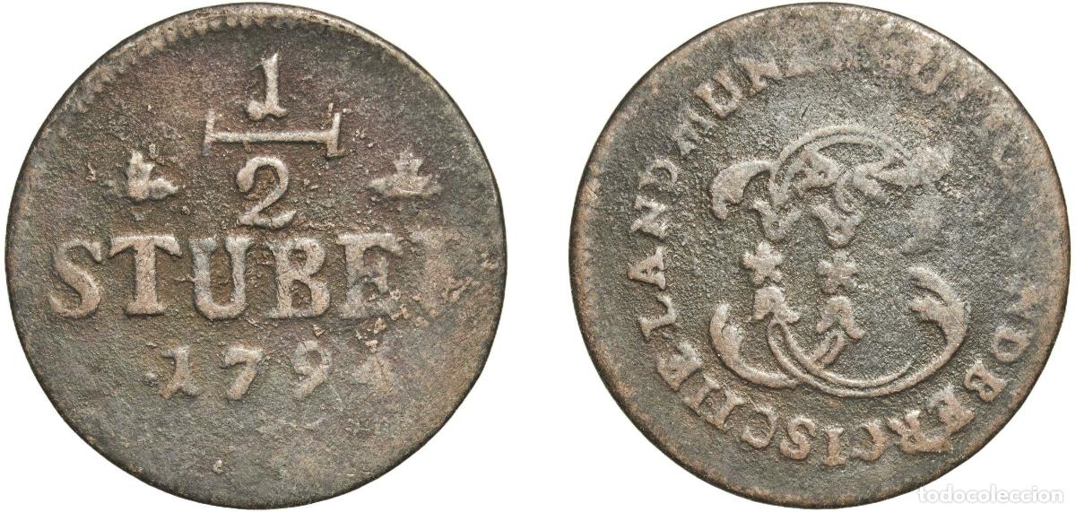 Monedas antiguas de Europa: Germany J&uuml;lich-Berg, Duchy of German states 1794 &frac12; St&uuml;ber - Carl Theodor Copper D&uuml;sseldorf Mint 4.5