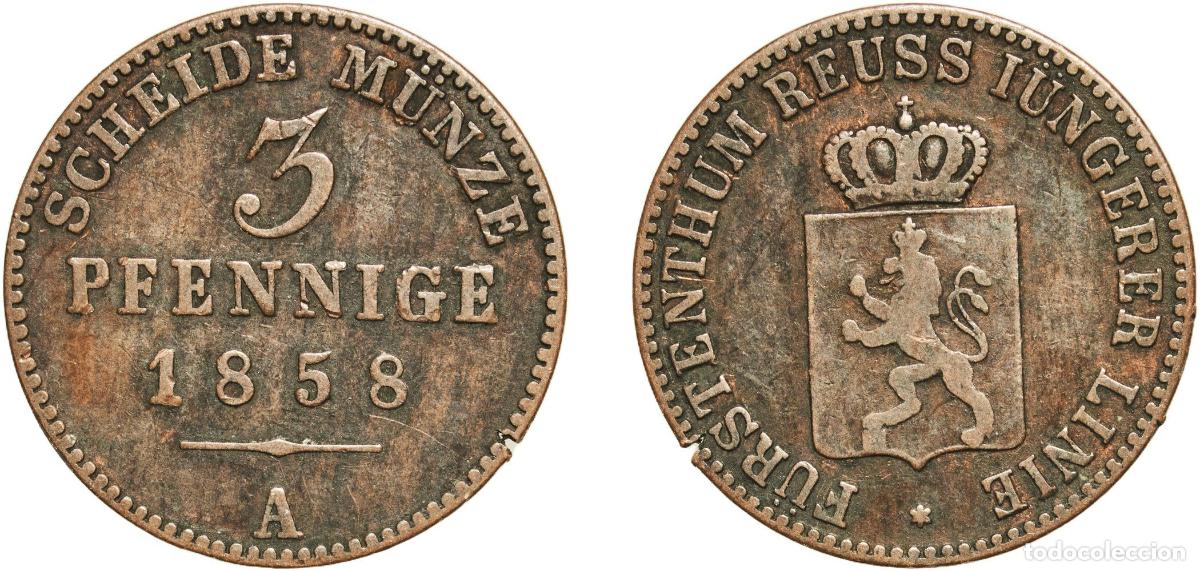 Monedas antiguas de Europa: Germany Principality of Reuss-Schleiz German states 1858 A 3 Pfennigs - Henry LXVII Copper Berlin M