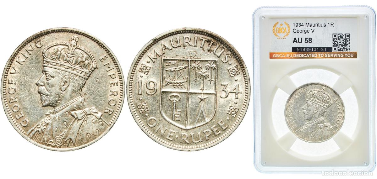 Monedas antiguas de Europa: Mauritius British crown colony 1934 1 Rupee - George V Silver (.916) Royal Mint (Tower Hill) (15000