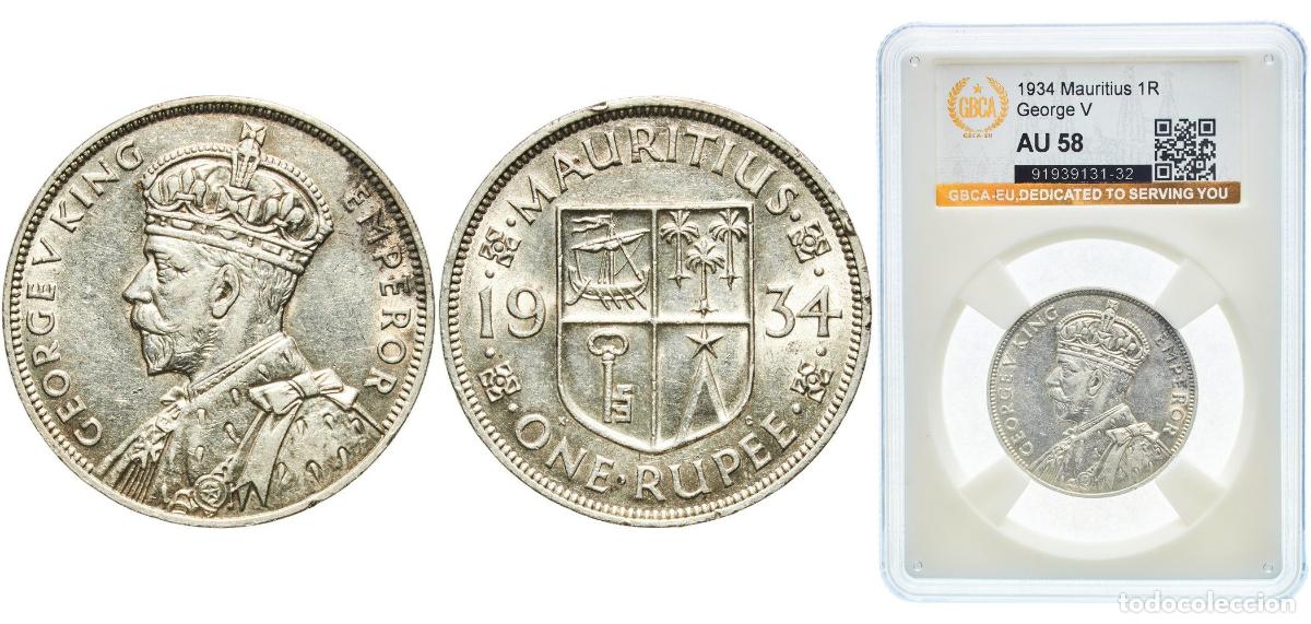 Monedas antiguas de Europa: Mauritius British crown colony 1934 1 Rupee - George V Silver (.916) Royal Mint (Tower Hill) (15000