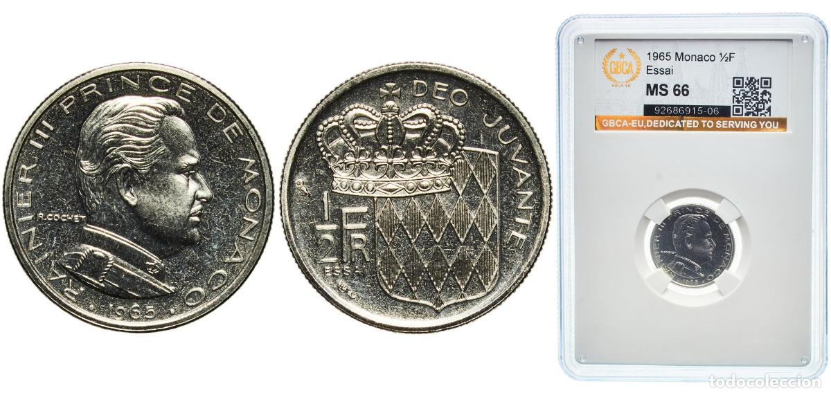 Monedas antiguas de Europa: Monaco Principalty 1965 &frac12; Franc - Rainier III (Trial) Nickel Paris Mint 4.6g GBCA MS KM E52