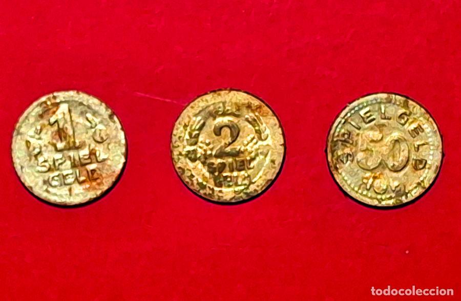 Monedas antiguas de Europa: 3 peque&ntilde;as monedas alemanas para juegos, primera mitad del XX