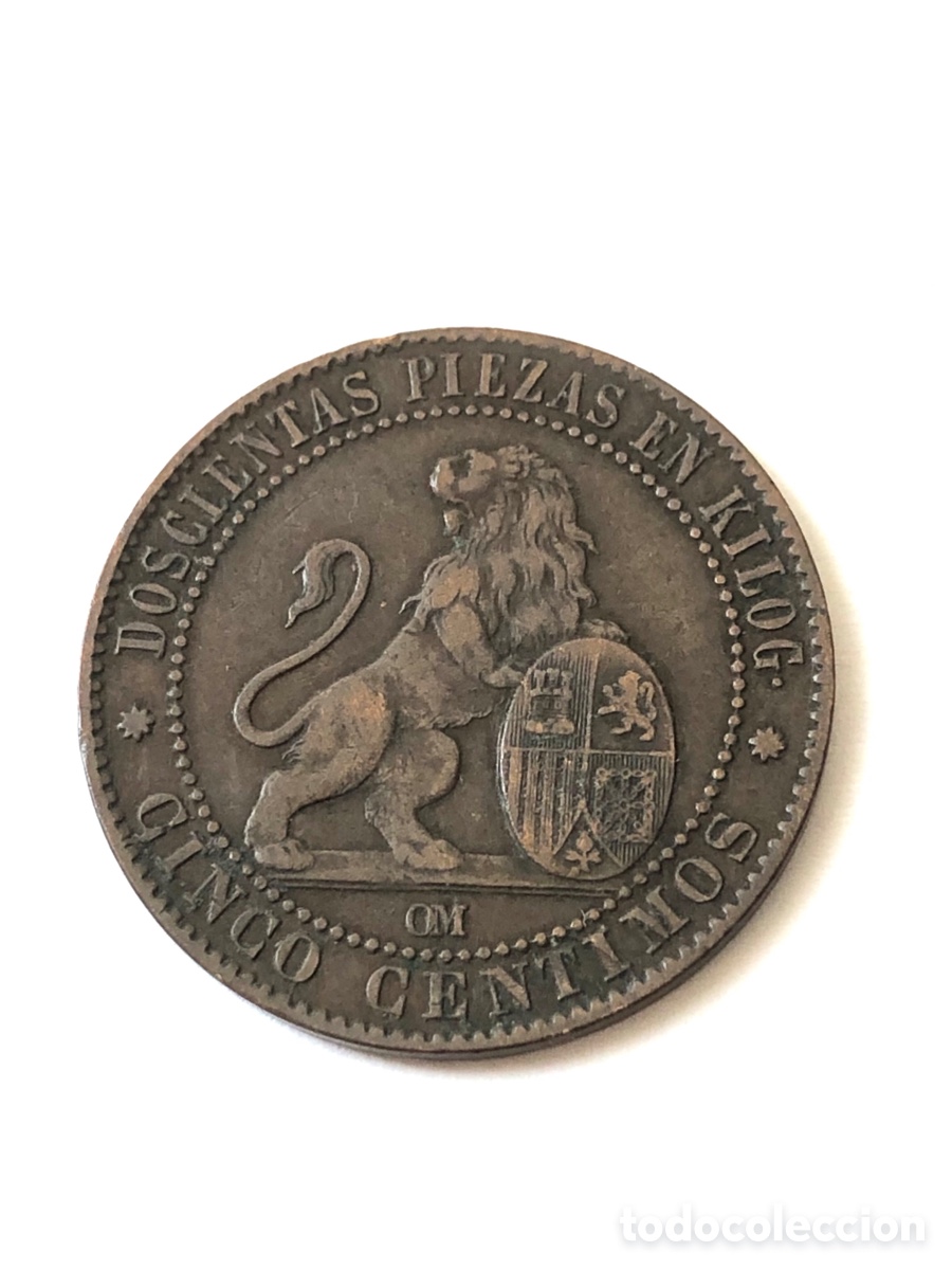 Monedas antiguas de Europa: Moneda de Espa&ntilde;a 5 c&eacute;ntimos 1870- Le&oacute;n y escudo