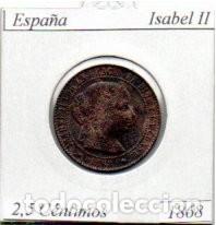 Monedas antiguas de Europa: ESPA&Ntilde;A 1868, 2,5 C&Eacute;NTIMOS DE ESCUDO, SEVILLA, ISABEL II; COBRE