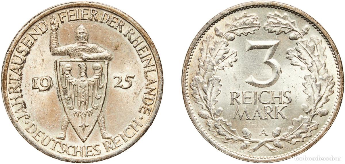Monedas antiguas de Europa: Germany Weimar Republic 1925 A 3 Reichsmark (Rhineland) Original luster Silver (.500) Berlin Mint (
