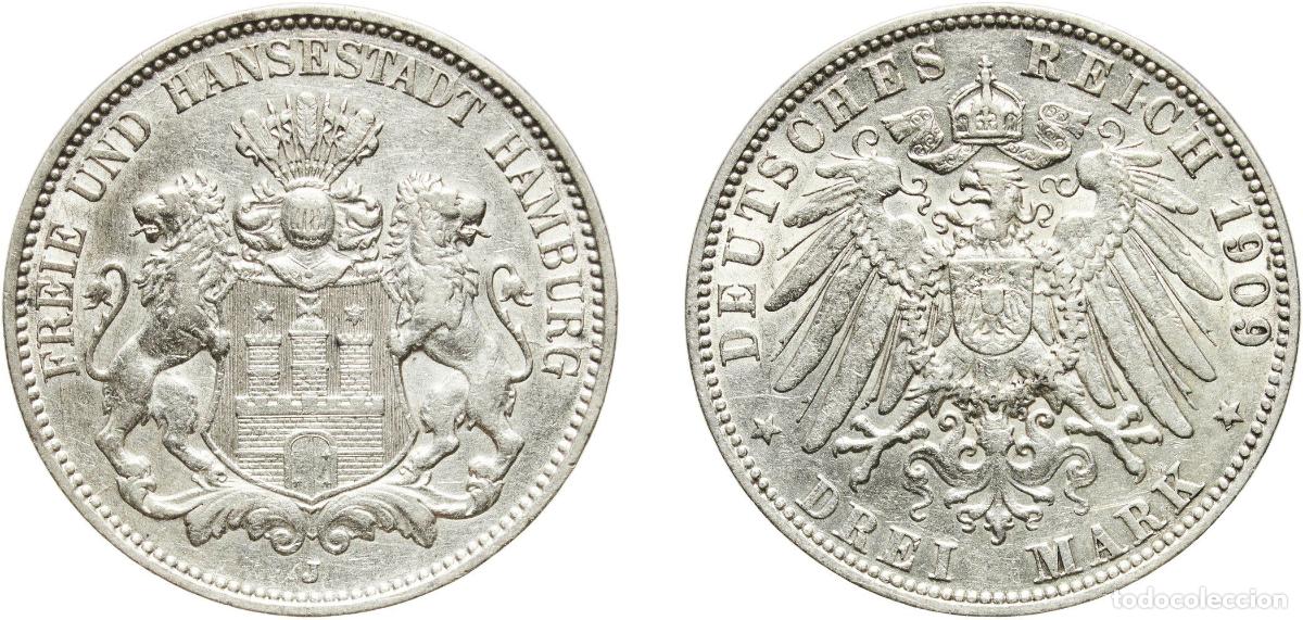 Monedas antiguas de Europa: Germany Free Hanseatic city of Hamburg Second Empire 1909 J 3 Mark Silver (.900) Hamburg Mint (1388