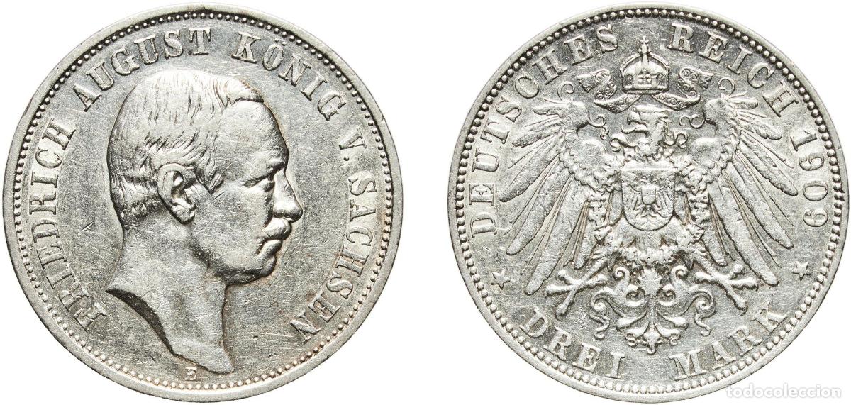 Monedas antiguas de Europa: Germany Kingdom of Saxony Second Empire 1909 E 3 Mark - Friedrich August III Silver (.900) Muldenh&uuml;