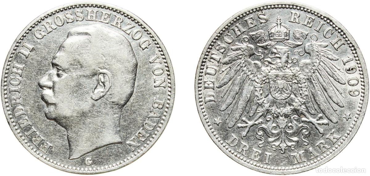 Monedas antiguas de Europa: Germany Grand Duchy of Baden Second Empire 1909 G 3 Mark - Friedrich II Silver (.900) Staatliche M&uuml;