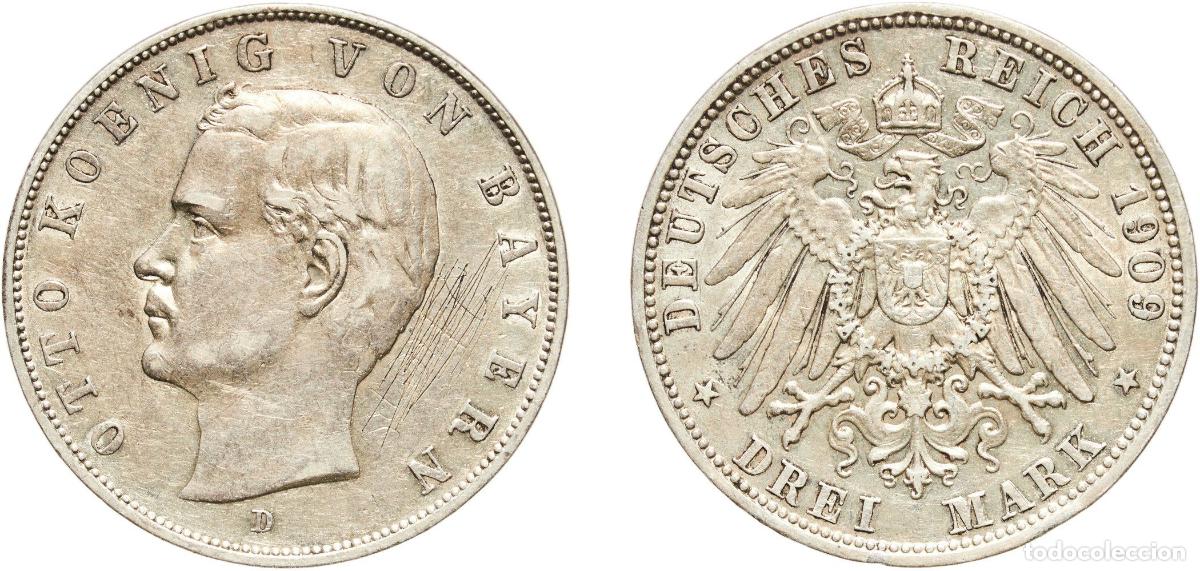 Monedas antiguas de Europa: Germany Kingdom of Bavaria German states 1909 D 3 Mark - Otto Silver (.900) Munich Mint (827460) 16