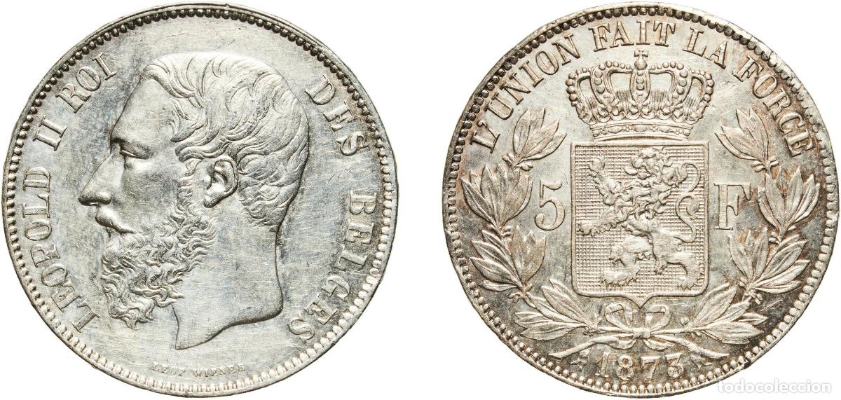 Monedas antiguas de Europa: Belgium Kingdom 1873 5 Francs - L&eacute;opold II (small head) Silver (.900) (10% copper) Royal Mint of Be
