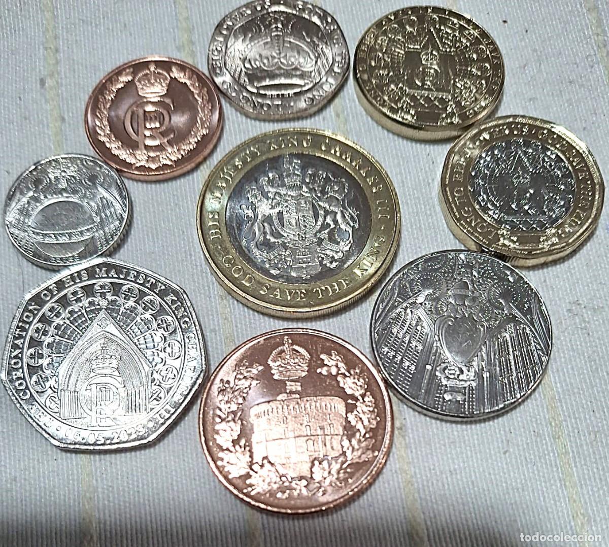 Monedas antiguas de Europa: Gibraltar, Set de 9 monedas Carlos III: 1, 2, 5, 10, 20, 50 peniques + 1, 1 y 2 Libras./ SC./ Fotos
