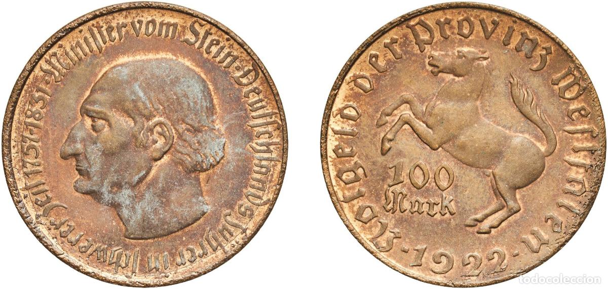 Monedas antiguas de Europa: Germany Prussian province of Westphalia Weimar Republic 1922 100 Mark - Westfalen (Freiherr vom Ste