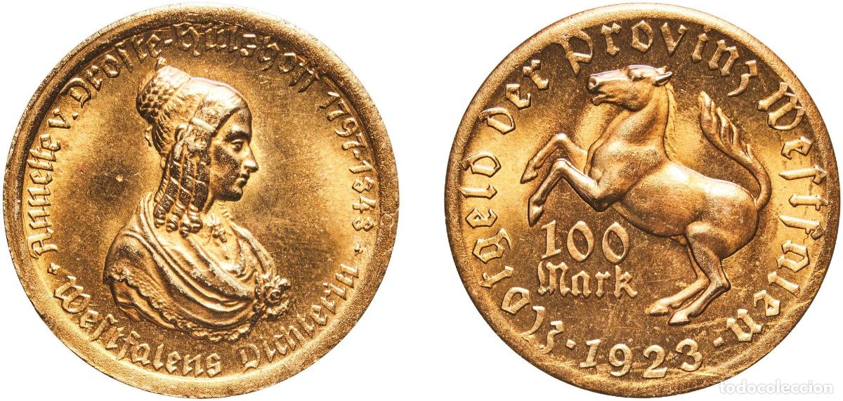Monedas antiguas de Europa: Germany Prussian province of Westphalia Weimar Republic 1923 100 Mark - Westfalen (Annette v. Drost