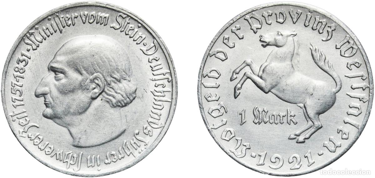 Monedas antiguas de Europa: Germany Prussian province of Westphalia Weimar Republic 1921 1 Mark - Westfalen (Freiherr vom Stein