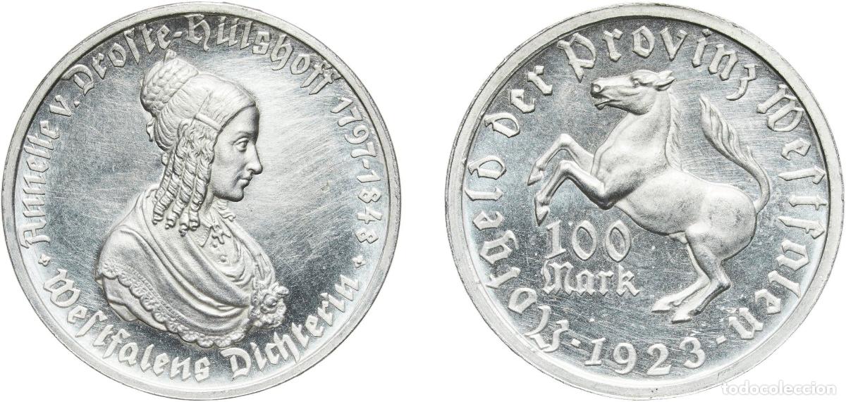 Monedas antiguas de Europa: Germany Prussian province of Westphalia Weimar Republic 1923 100 Mark - Westfalen (Annette v. Drost