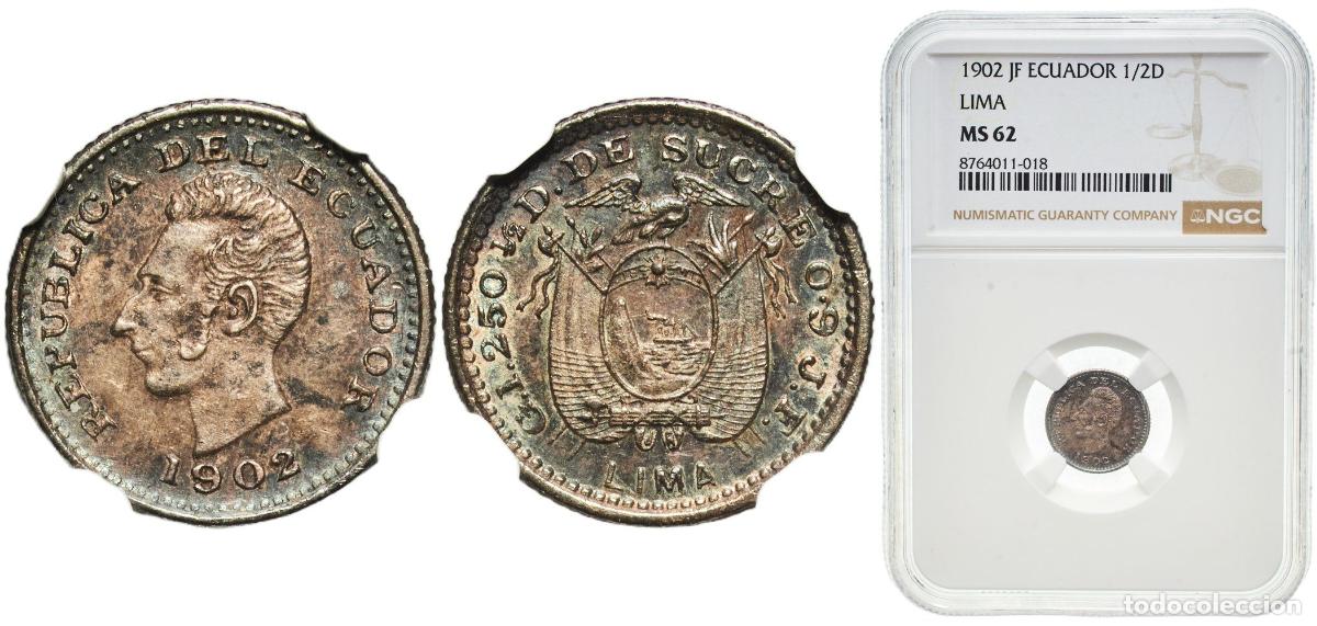 Monedas antiguas de Europa: Ecuador Republic 1902 LIMA JF &frac12; D&eacute;cimo Wonderful patina Silver (.900) Lima Mint (1000000) 1.25g NGC