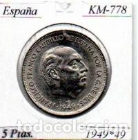 Monedas antiguas de Europa: ESPA&Ntilde;A 1949-49 (4), 5 PESETAS, KM-778, EBC;