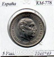 Monedas antiguas de Europa: ESPA&Ntilde;A 1949-49 (1), 5 PESETAS, KM-778, EBC;