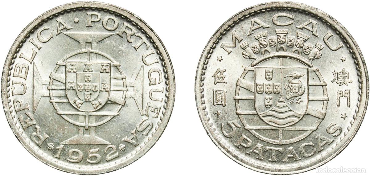 Alte M&uuml;nzen aus Europa: China Macau Portuguese Overseas Province 1952 5 Patacas Silver (.720) (900000) 15.11g UNC KM 5 Sch