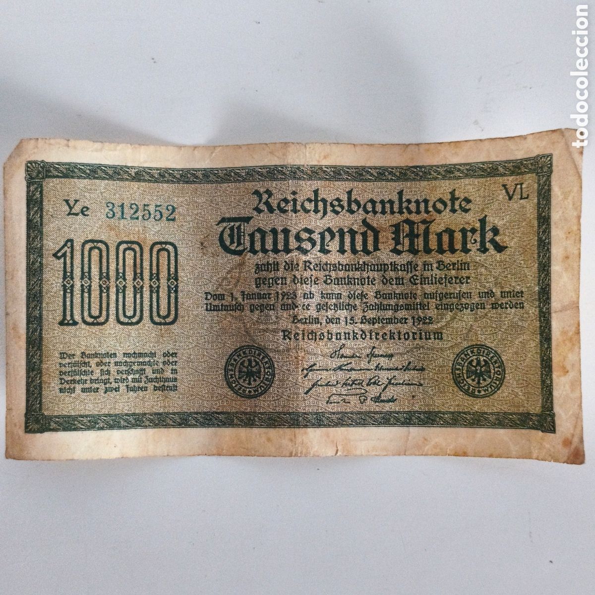 Monedas antiguas de Europa: Alemania, 1000 Mark de 1922, P# 76e, Marca de agua Letice y Serial Blue-green, ESCASA