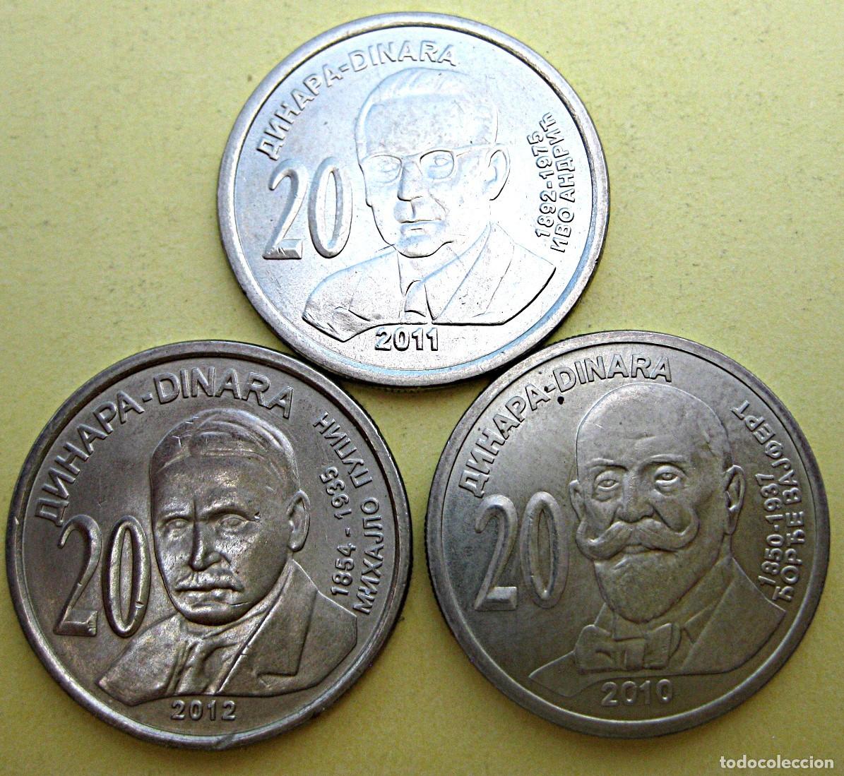 Monedas antiguas de Europa: Serbia 2010-11-12, Set 3 monedas: 20 Dinares x 3 &rdquo;Personajes&rdquo;./ Las de las fotos.