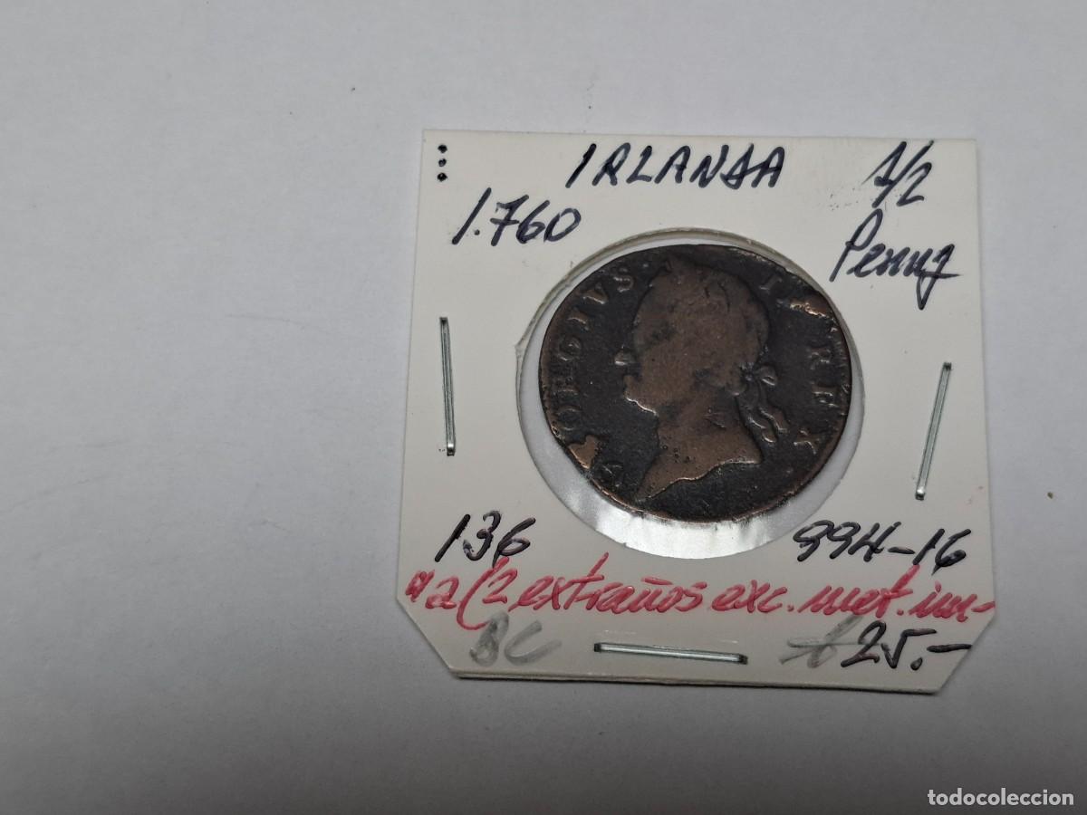 Monedas antiguas de Europa: 1/2 PENY de 1760 KM 136 IRLANDA en BC