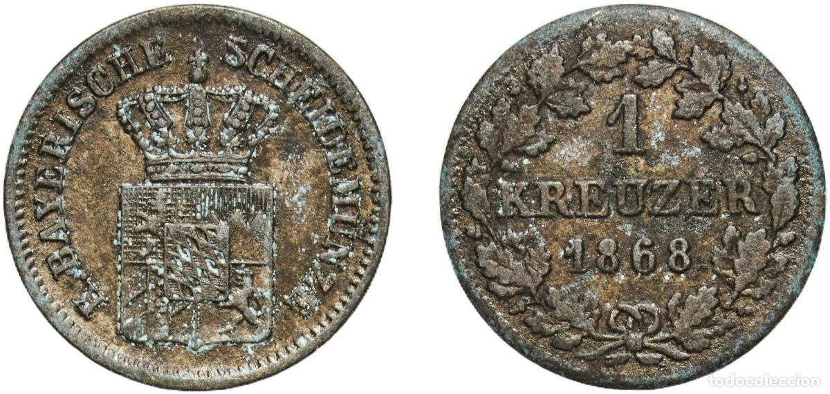 Monedas antiguas de Europa: Germany Kingdom of Bavaria German states 1868 1 Kreuzer - Louis II Billon (.166 silver) Munich Mint