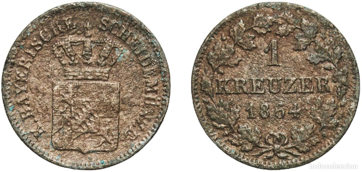Monedas antiguas de Europa: Germany Kingdom of Bavaria German states 1864 1 Kreuzer - Maximilian II Billon (.166 silver) Munich