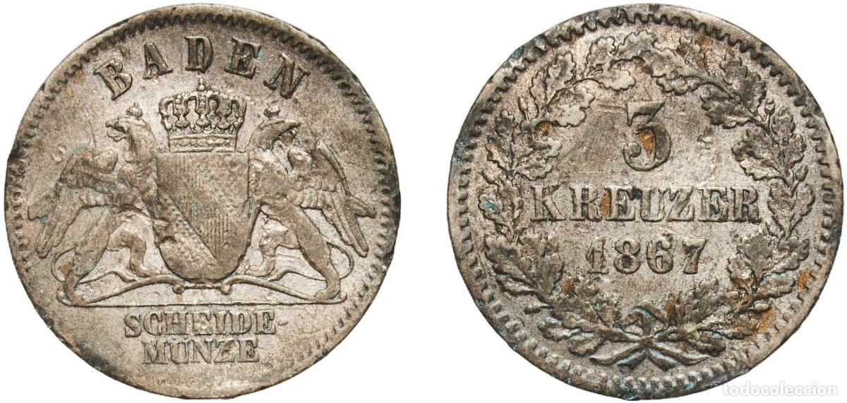 Monedas antiguas de Europa: Germany Grand Duchy of Baden German states 1867 3 Kreuzer - Friedrich I Billon (.350 silver) Staatl