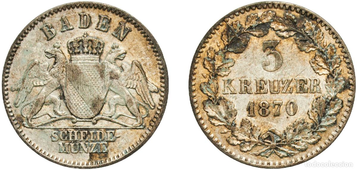 Monedas antiguas de Europa: Germany Grand Duchy of Baden German states 1870 3 Kreuzer - Friedrich I Billon (.350 silver) Staatl