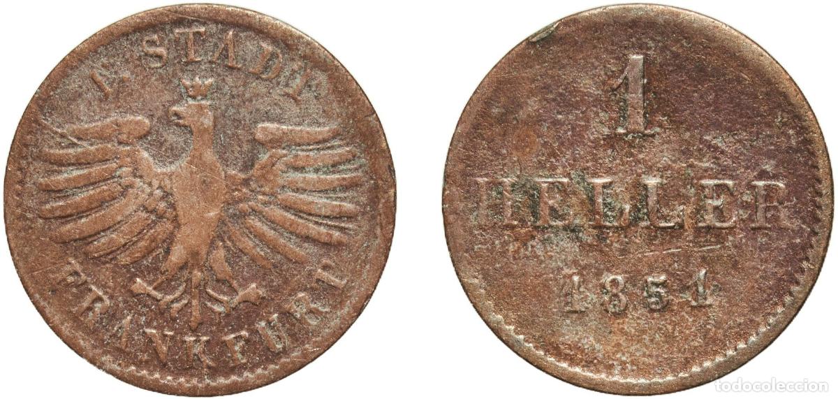 Monedas antiguas de Europa: Germany Free imperial city of Frankfurt German states 1851 1 Heller Copper Frankfurt am Main Mint (